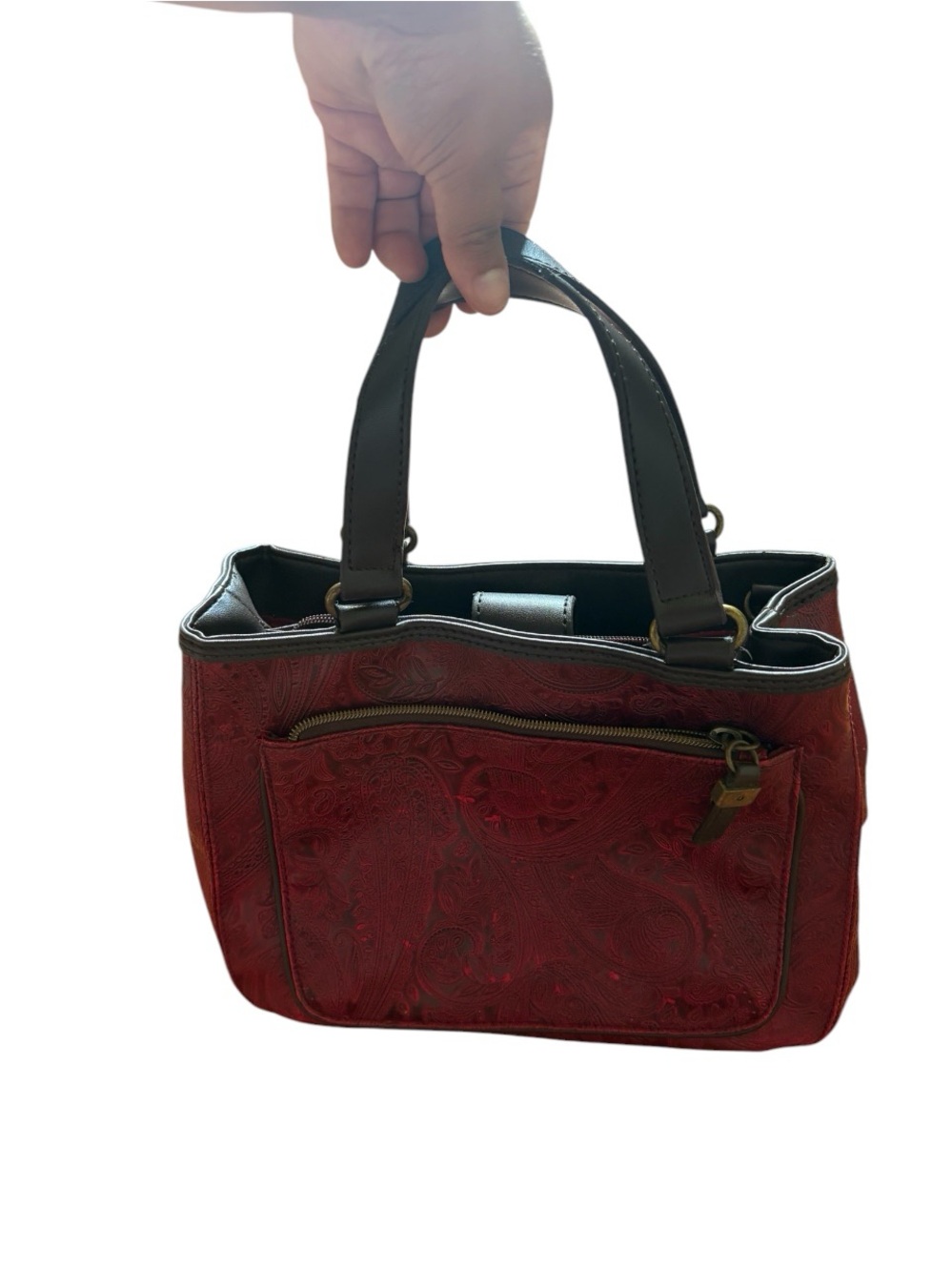 Red Embossed Tote Handbag with Dark Handles